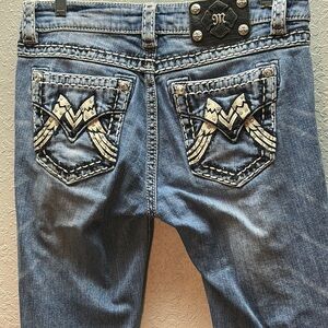 MISS ME Mid-rise Boot Jeans Bling Embroidered Pockets size 29
